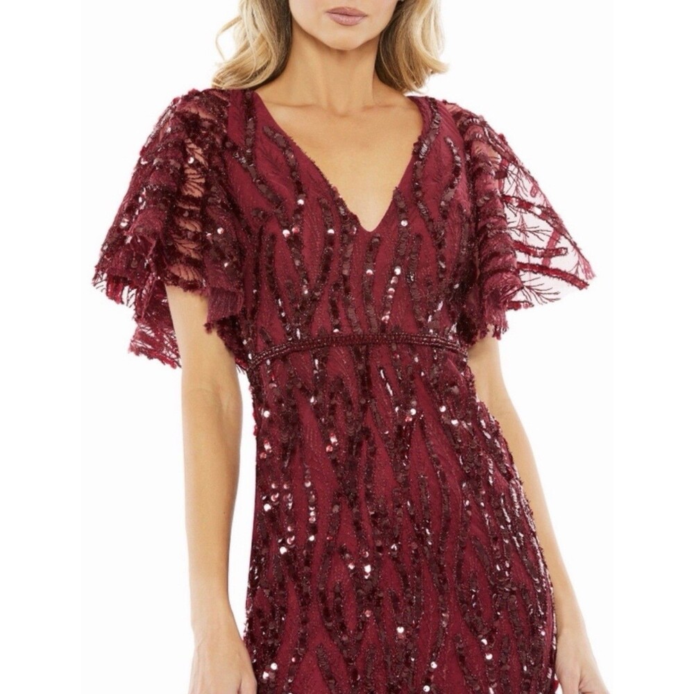 Mac Duggal Red Sequin Cocktail Midi Dress. Size 10 Fringe Sleeves V-Neck. NWT - Picture 7 of 14